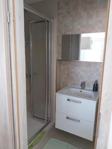 a bathroom with a white sink and a shower at Apartmani Lalu in Rtina
