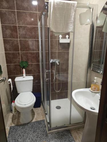 a bathroom with a shower and a toilet and a sink at Quinta Real Kiwibee in Barrô