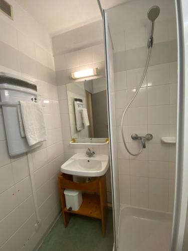a small bathroom with a sink and a shower at VVF Jura Les Rousses in Prémanon