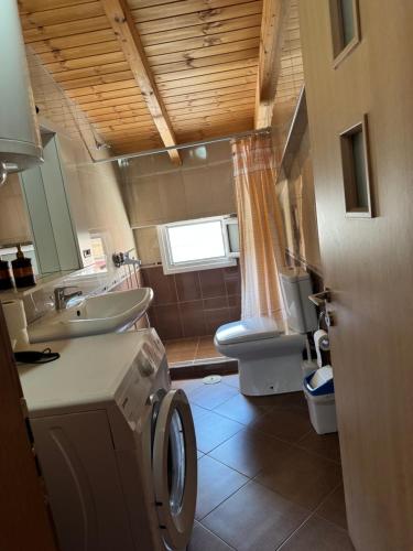 a bathroom with a toilet sink and a washing machine at Guest House Elisabeta in Përmet