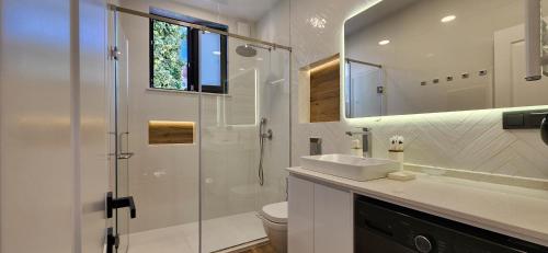 a bathroom with a toilet and a sink and a shower at Archie's Apartment in Old Town in Batumi