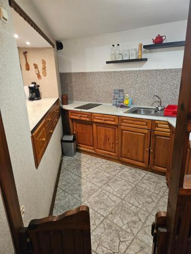 a kitchen with wooden cabinets and a sink at Regina's Guesthouse in Balchik