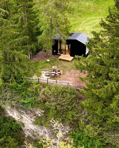 an aerial view of a cabin in a forest at Unbound Hütte Lenzerheide in Tiefencastel