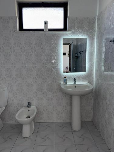 a bathroom with a sink and a toilet and a mirror at Hill Haven Guesthouse in Domje