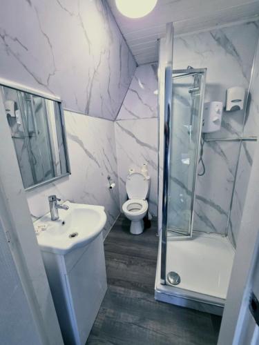 a bathroom with a shower and a sink and a toilet at Dream Hotel in Manchester