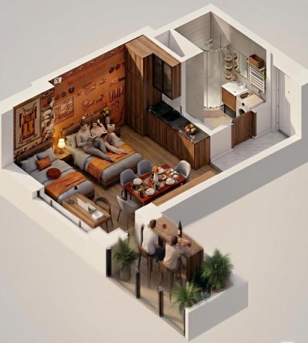 aometric view of a living room and kitchen in a house at Ulaanbaatar Heritage Stay in Ulaanbaatar