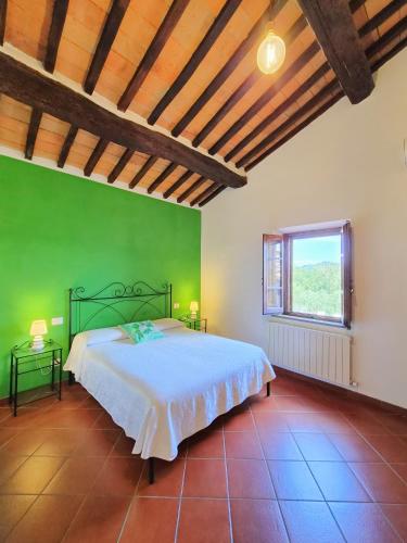 a green bedroom with a bed and a green wall at Il casale di Sandra in Chiusi