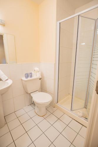 a white bathroom with a toilet and a shower at Central Limerick Bright & Spacious Apartment in Limerick