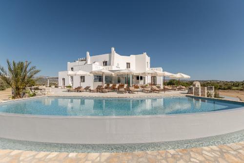a large white house with a swimming pool in front of it at Naxian Air in Naxos Chora