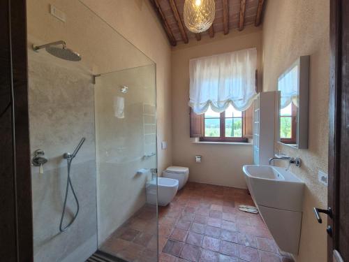 a bathroom with a shower and a toilet and a sink at Agriturismo Camporotondo in Scarlino