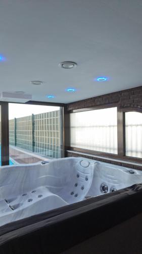 a large bath tub in a bathroom with a window at Belgrade River House in Belgrade