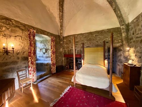 a bedroom with a bed and a chair in it at Château de Lescure in Saint-Martin-sous-Vigouroux