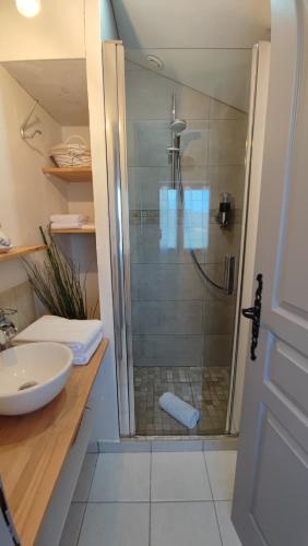 a bathroom with a glass shower with a sink at Les Terrasses d'Antonin in Grambois