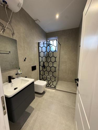 a bathroom with a sink and a toilet and a shower at ALAR Rooms in Dhërmi