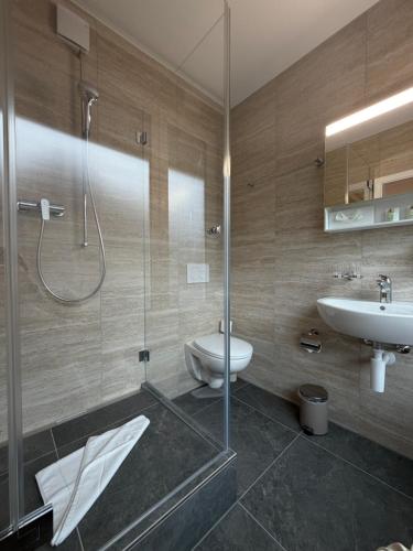 ein Badezimmer mit Dusche, Waschbecken und Toilette in der Unterkunft Hotel Lötschberg in Interlaken
