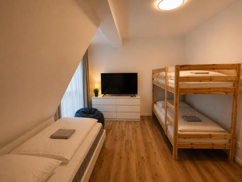 a bedroom with two bunk beds and a tv at Ferienwohnung Niki am Straussee Seeblick und Kamin für bis zu 12 Personen in Strausberg