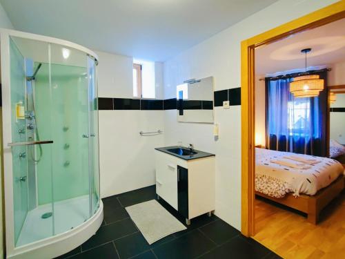 a bathroom with a shower and a sink and a bed at Casa dos Côtos. in Castro Laboreiro