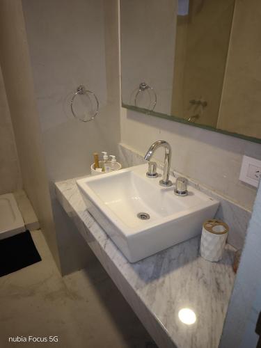 a bathroom with a white sink and a mirror at Monoambiente céntrico Sara in Gualeguaychú