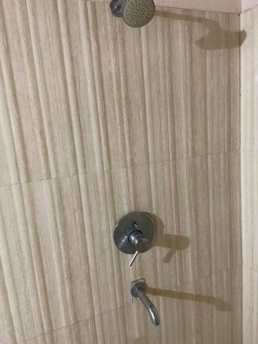 a shower with a shower head and a curtain at Kalliyattu Homestay in Palakkad