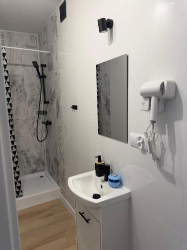 a white bathroom with a sink and a shower at Apartament Tczew-duże pokoje! in Tczew