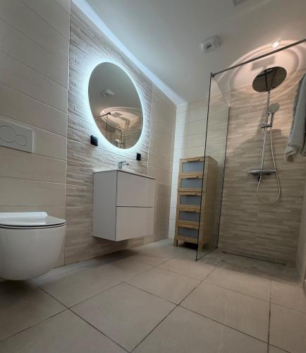 a bathroom with a shower and a toilet and a mirror at Max Wittelsheim in Wittelsheim