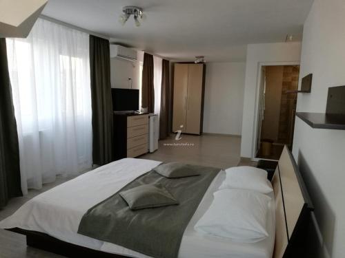 a bedroom with a large bed and a television at Casa Loro in Eforie Sud