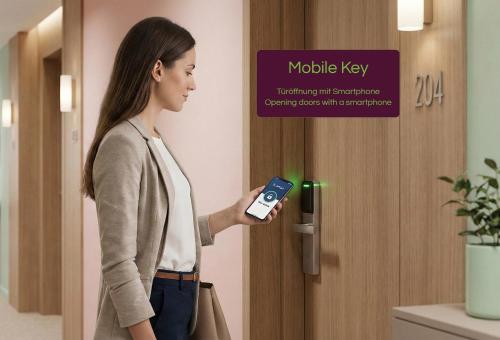 a woman holding a cell phone in front of a door at Kloster by b-smart in Schaan
