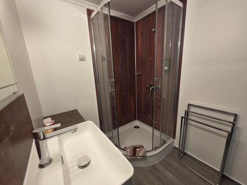 a bathroom with a shower and a white sink at Ferienhaus AUEN mit Seezugang in Velden am Wörthersee