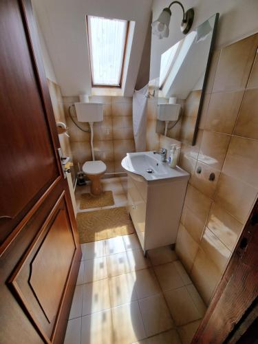 a small bathroom with a sink and a toilet at Alfa Apartman in Harkány