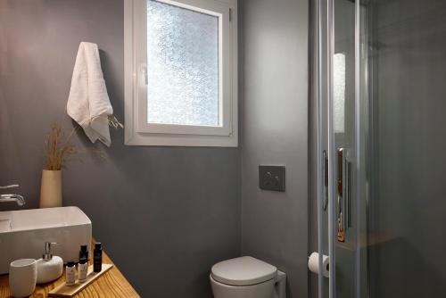 a bathroom with a toilet and a sink and a window at Milesian Suites in Adamantas