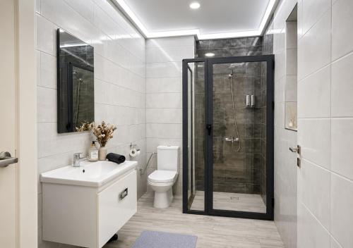 a bathroom with a shower and a toilet and a sink at Al Hoceima Luxury Residence Amina 3 in Al Hoceïma