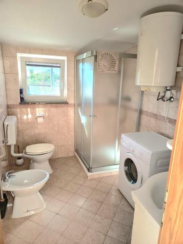 a bathroom with a toilet sink and a washing machine at House Barizoni in Ankaran