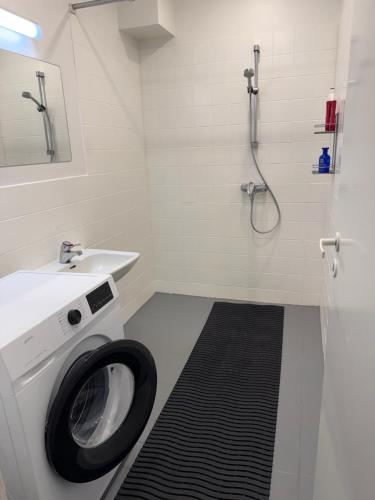 a bathroom with a washing machine and a sink at Opiskelijankatu 5 Varkaus in Varkaus