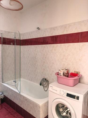 a bathroom with a washing machine and a washer at Il Cavaliere in Praia a Mare