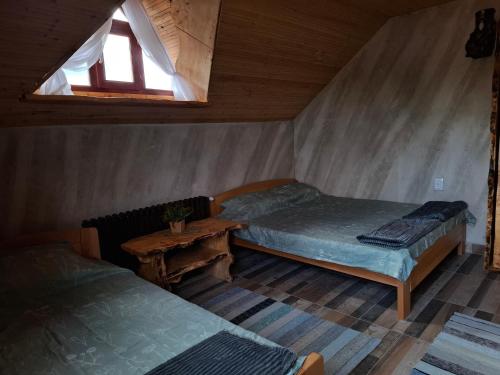 a room with two beds and a table and a window at Lukin salaš broj 3 in Ratkovo