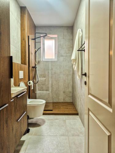 a bathroom with a toilet and a sink at Boutique Apartment Suceava Modern Parcare WiFi Rapid in Ipoteşti