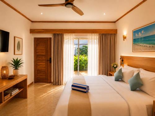 a bedroom with a large bed with a ceiling fan at Handhuvaru Maldives in Milandu
