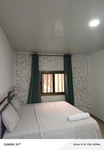 a bedroom with a bed with green curtains and a window at sea flower in Lomé