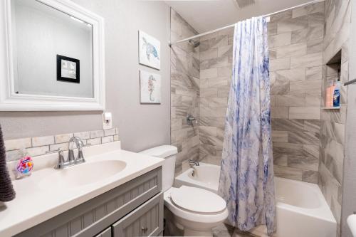 a bathroom with a sink and a toilet and a shower at The Cocoa Cove in Cocoa