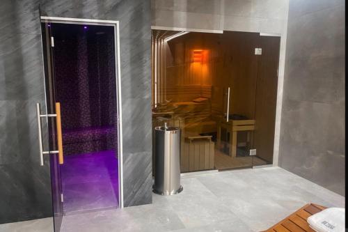 a bathroom with a shower with purple lights in it at Apartmant Beatrice in Veselé