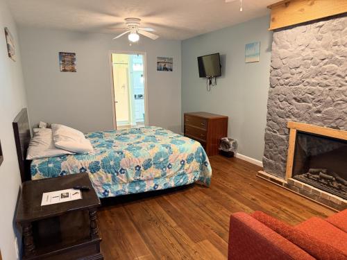 a bedroom with a bed and a fireplace at Lake Access Retreat Pet Friendly Fire Pit in Geneva