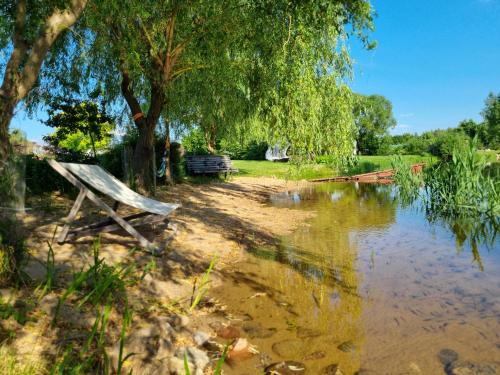a park bench sitting next to a river at Domki nad rzeką Ełk in Prostki