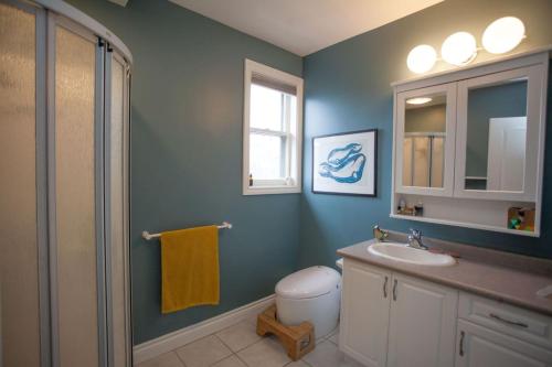 a bathroom with a toilet and a sink and a shower at Location Location Location in Stratford
