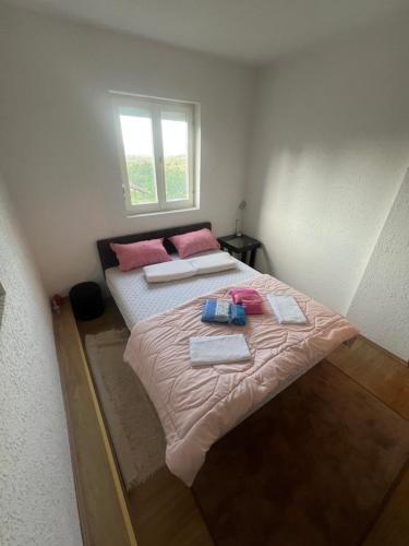 a bedroom with two beds with pink pillows and a window at Jagoda IN in Otroci