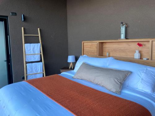 a bedroom with a bed with a wooden headboard and a ladder at Apalta Vista Wine Lodge in Estación Santa Cruz