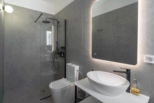 a bathroom with a sink and a toilet and a shower at Tzitziki in Piso Livadi