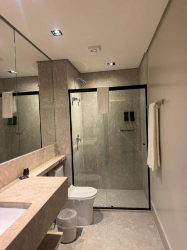 a bathroom with a shower and a toilet and a sink at Class Hotel Americana in Americana