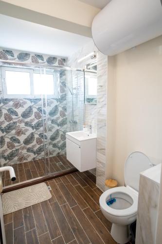 a bathroom with a toilet and a glass shower at V&G Apartments in Kyustendil