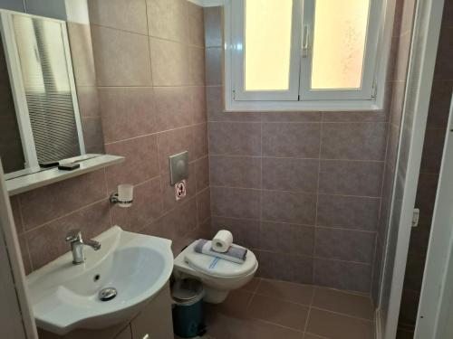 a small bathroom with a sink and a toilet at Mastic Point Studios in Chios