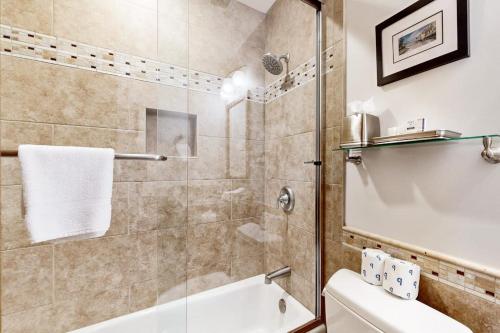 a bathroom with a shower and a toilet and a sink at Vail Spa 301 in Vail